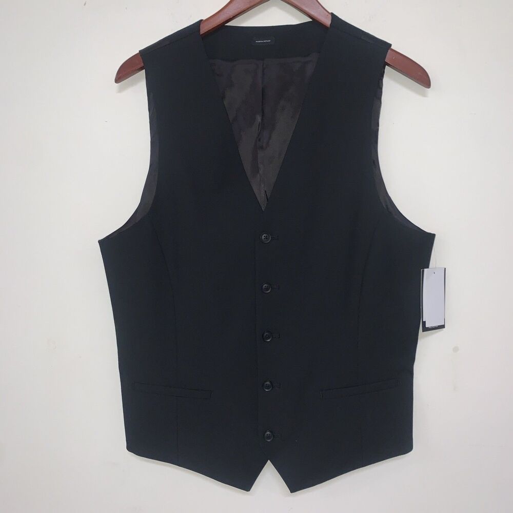 JF J. FERRAR Men's 5 Button Down Black Lined Slim Med Vest Back Adjust Business